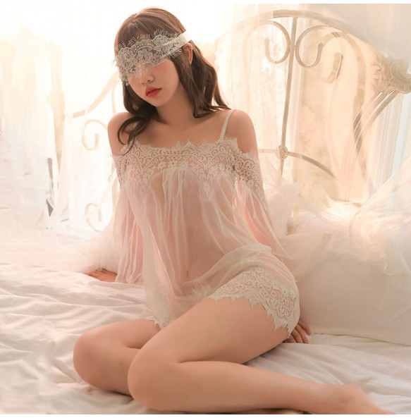 FEE ET MOI - Off-Shoulder Lace Spaghetti Strap Nightdress (White)